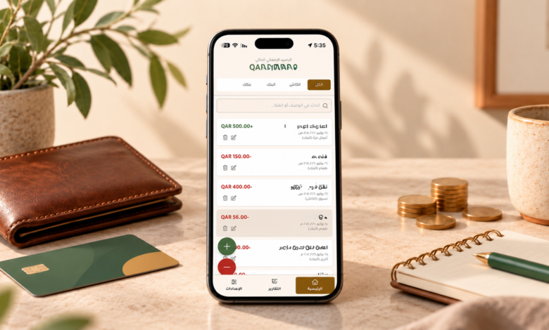 موكاب لتطبيق محسوب يعرض لقطة حقيقية من واجهة إدارة المصاريف داخل هاتف