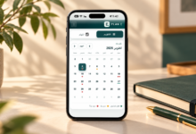 تطبيق PLAN E يعرض تقويم المواعيد داخل هاتف على مكتب عمل