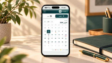 تطبيق PLAN E يعرض تقويم المواعيد داخل هاتف على مكتب عمل