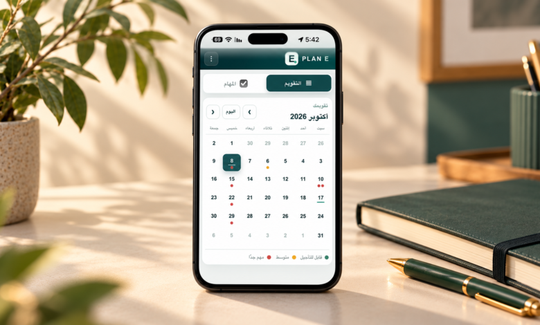 تطبيق PLAN E يعرض تقويم المواعيد داخل هاتف على مكتب عمل